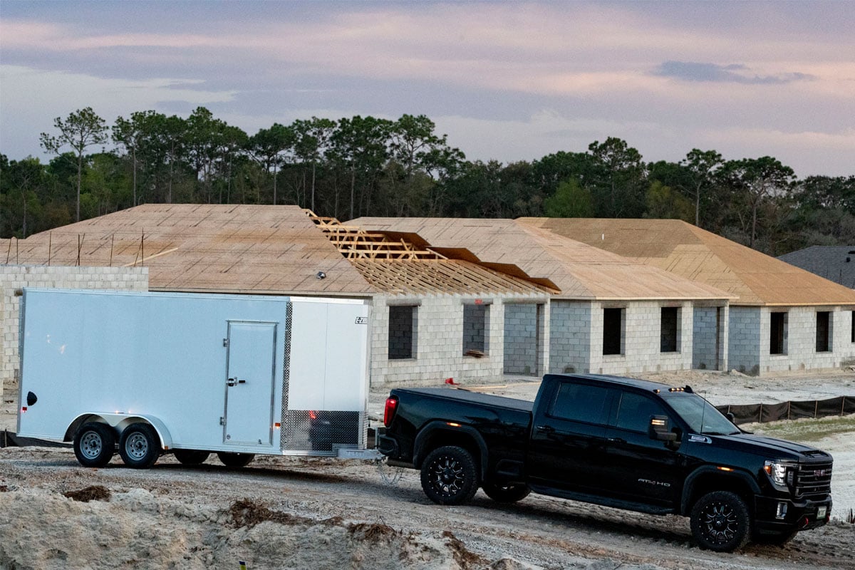 Truck Pulling Trailer Through Construction Zone